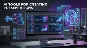 AI tools for creating presentations shown in a modern digital workspace with slides, charts, and automated design elements.