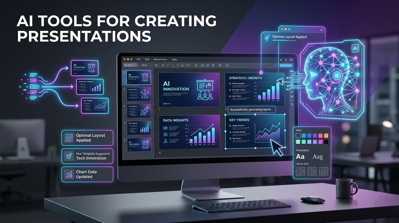 AI tools for creating presentations shown in a modern digital workspace with slides, charts, and automated design elements.