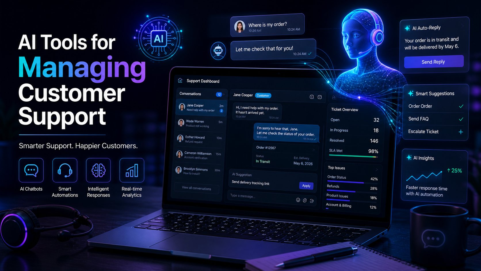 AI tools for customer support dashboard with chat automation, support tickets, and virtual assistant interface