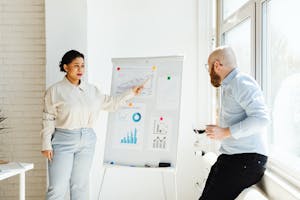 Colleagues engaged in a finance presentation analyzing growth charts and data insights.