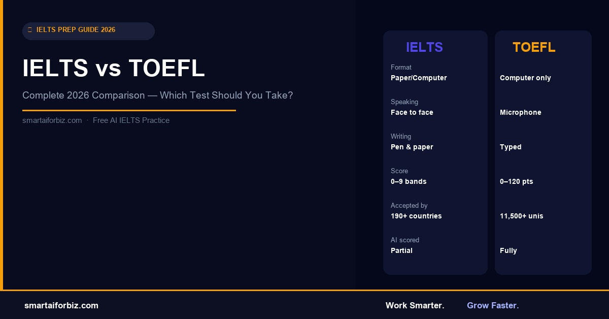 IELTS vs TOEFL comparison 2026 — format, scoring and which test to choose