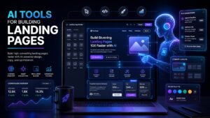 AI-powered landing page builder interface on a laptop with glowing UI blocks, drag-and-drop elements, and smart design suggestions in a futuristic workspace