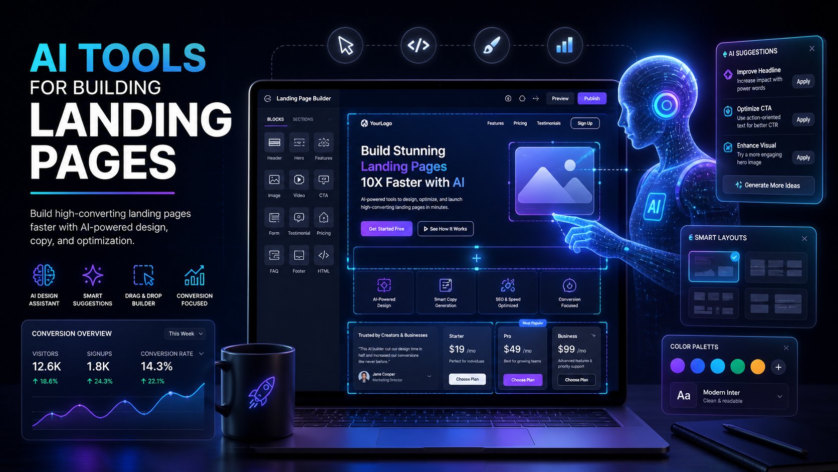 AI-powered landing page builder interface on a laptop with glowing UI blocks, drag-and-drop elements, and smart design suggestions in a futuristic workspace