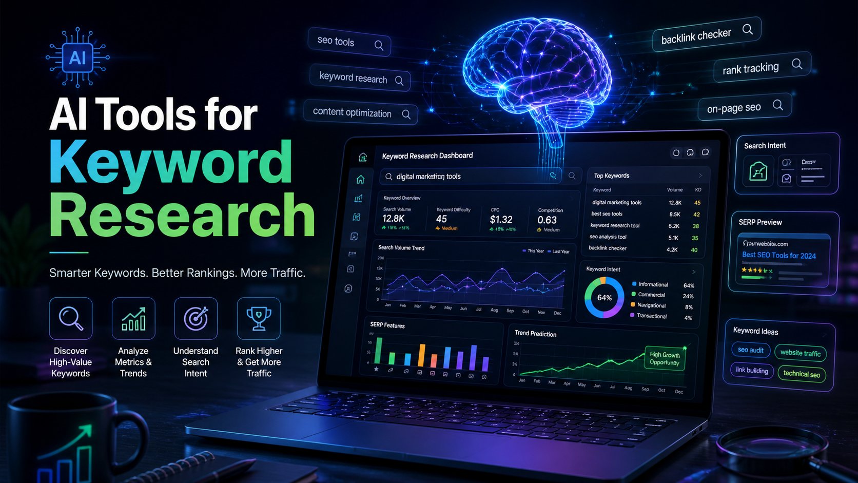 AI tools for keyword research dashboard with analytics charts and futuristic SEO interface
