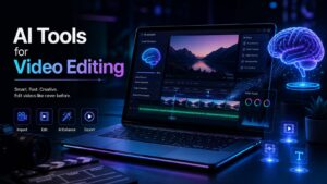 AI tools for video editing interface with timeline and futuristic UI