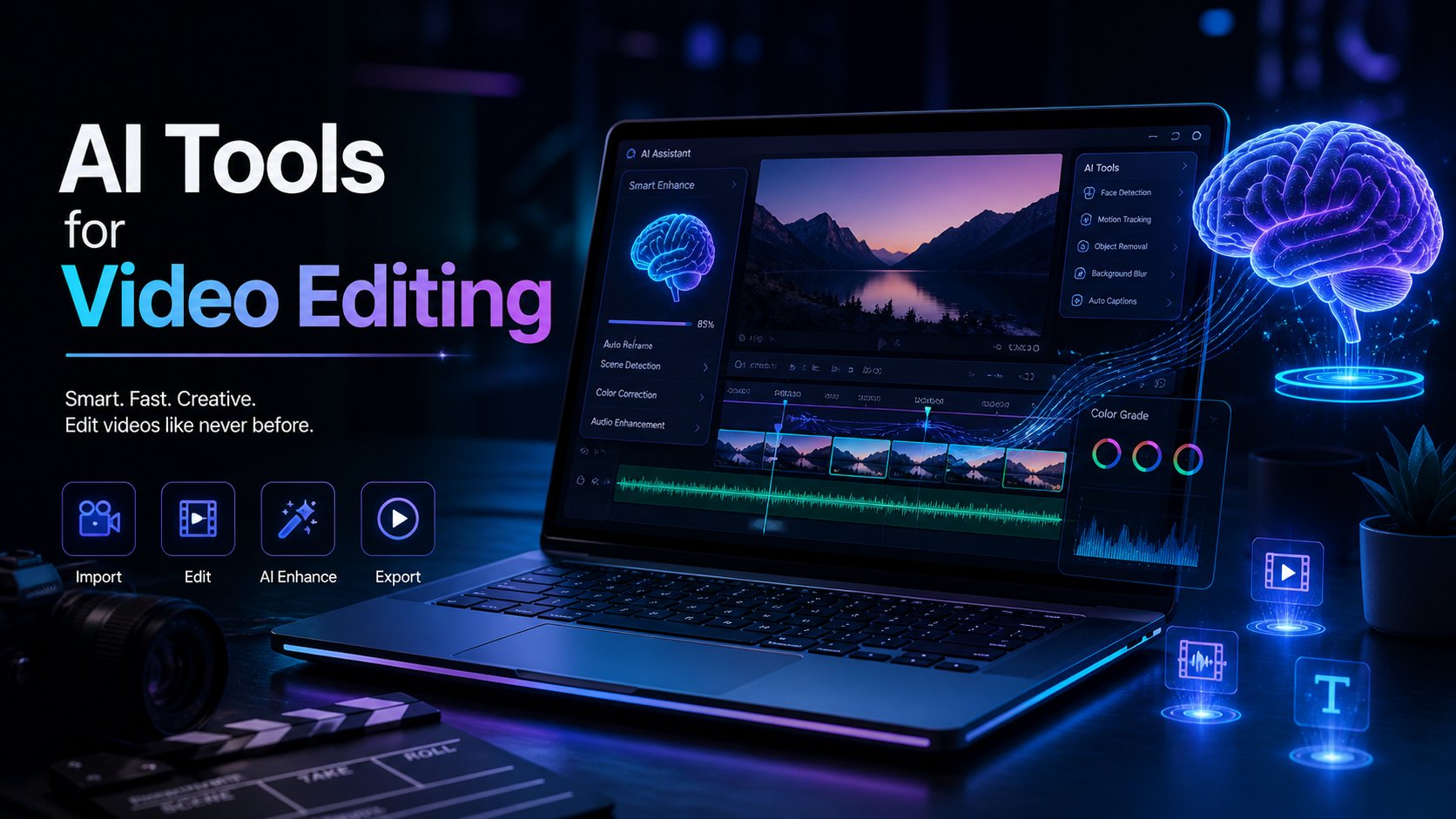 AI tools for video editing interface with timeline and futuristic UI